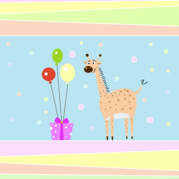 Lustige Cartoon Giraffe Mit Geschenk Und Ballons Grußkarte Eps — Stockvektor