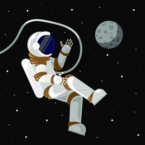 Flat Grappig Vliegende Astronaut Ruimte Met Sterren Maan Rond Eps — Stockvector