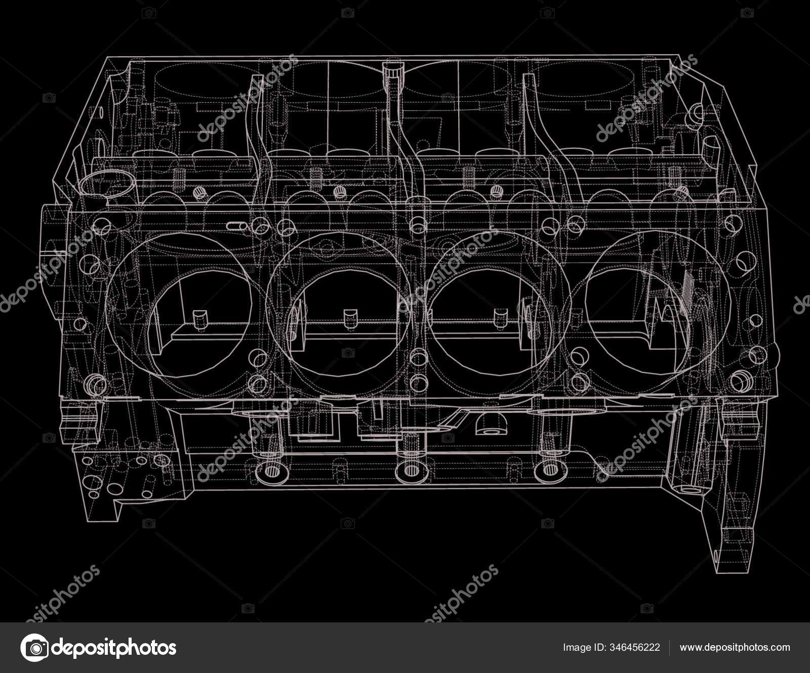 Engine Block Sketch Vector Rendering Of 3d Drawn Draw Auto Vector