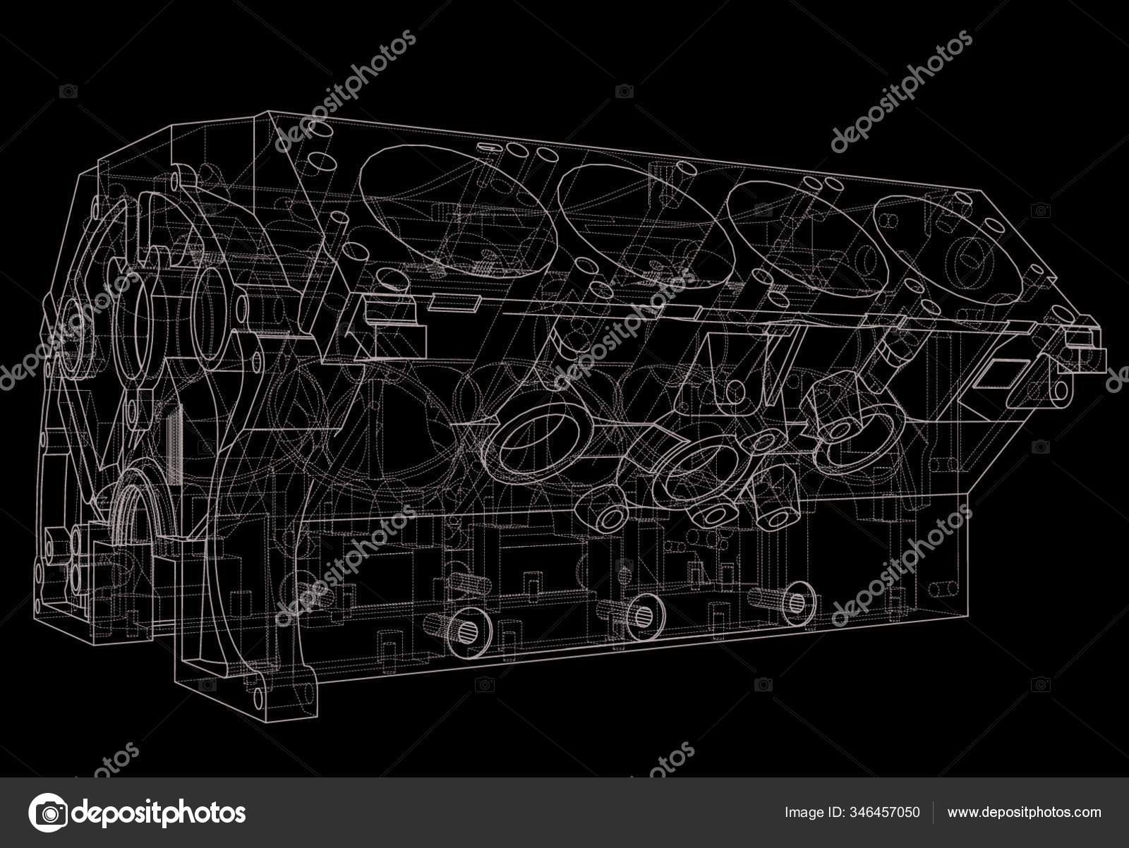 Engine Block Sketch Vector Rendering Of 3d Drawn Draw Auto Vector