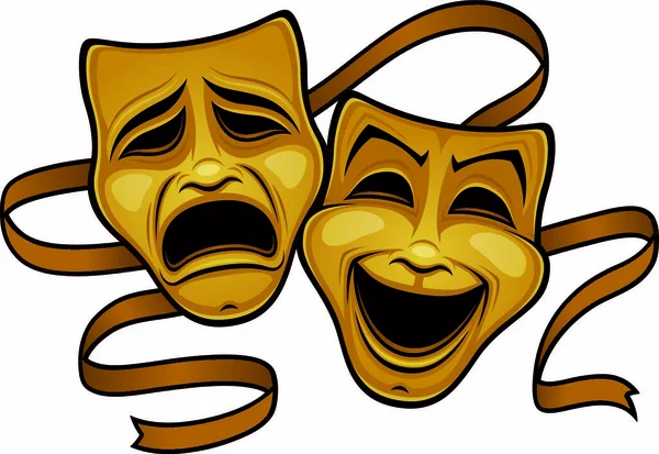 Vector Illustration Gold Comedy Tragedy Theater Masks Gold Ribbon — Stock Vector