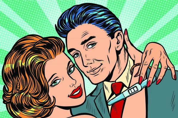 Couple Amoureux Câlin Test Grossesse Pop Art Rétro Vectoriel Illustration — Image vectorielle