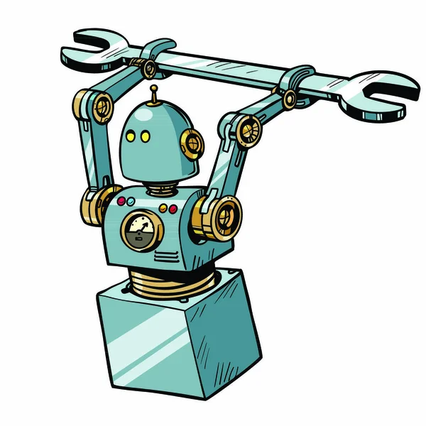 Робот Гаечным Ключом Ретро Векторная Иллюстрация Поп Арта — стоковый вектор