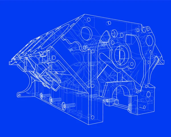 エンジンブロックスケッチ 3Dのベクトルレンダリング ワイヤフレームスタイル 可視線と非表示線の層が分離されます — ストックベクタ