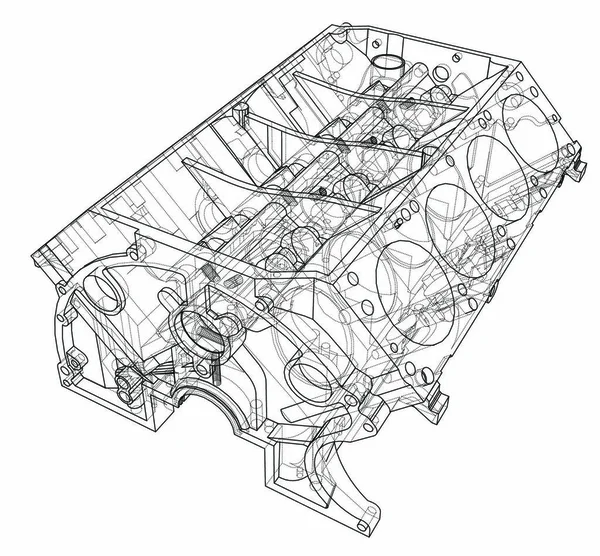 Esboço Motor Vetor Renderização Estilo Armação Arame Camadas Linhas Visíveis — Vetor de Stock