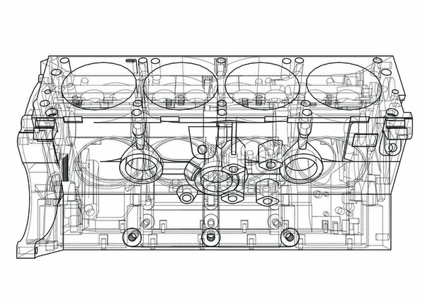 Motorblock Skizze Vektor Rendering Von Drahtgestell Stil Die Schichten Sichtbarer — Stockvektor