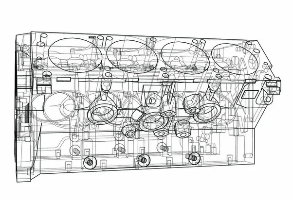 Ескіз Блоку Двигуна Векторне Відображення Стиль Каркасу Шари Видимих Невидимих — стоковий вектор