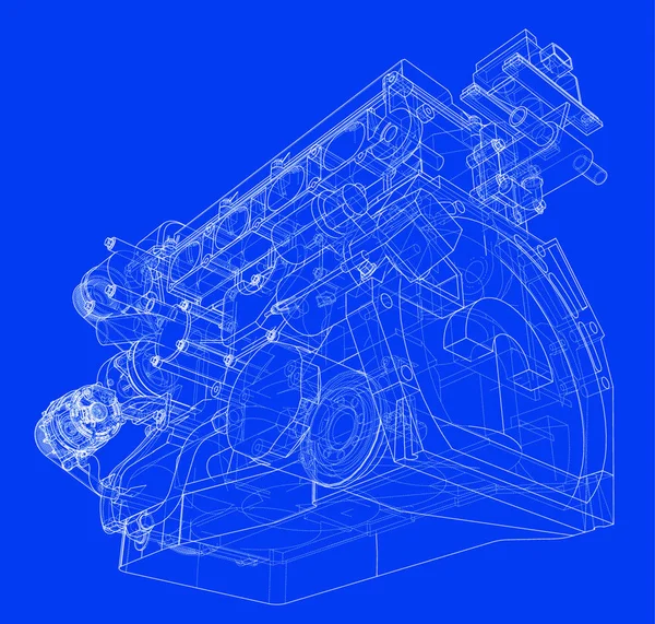 Motorenskizze Vektor Rendering Von Drahtgestell Stil Die Schichten Sichtbarer Und — Stockvektor