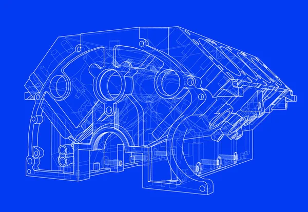 エンジンブロックスケッチ 3Dのベクトルレンダリング ワイヤフレームスタイル 可視線と非表示線の層が分離されます — ストックベクタ