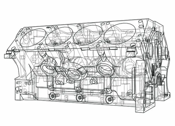 Motorblock Skizze Vektor Rendering Von Drahtgestell Stil Die Schichten Sichtbarer — Stockvektor