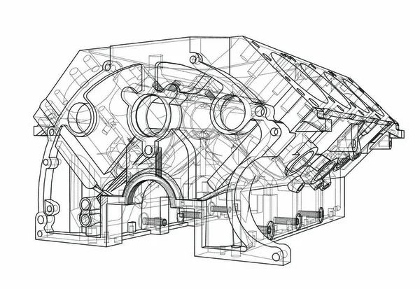 Ескіз Блоку Двигуна Векторне Відображення Стиль Каркасу Шари Видимих Невидимих — стоковий вектор