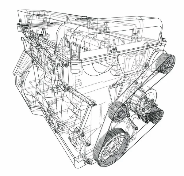 Esboço Motor Vetor Renderização Estilo Armação Arame Camadas Linhas Visíveis — Vetor de Stock