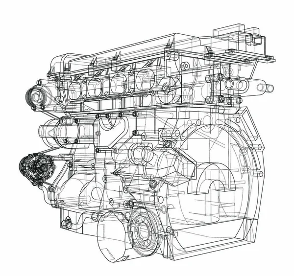 Szkic Silnika Renderowanie Wektorowe Styl Drucianej Ramy Warstwy Widocznych Niewidocznych — Wektor stockowy