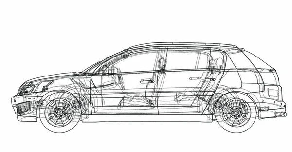 コンセプトカーだ 3Dのベクトルレンダリング ワイヤフレームスタイル 可視線と非表示線の層が分離されます — ストックベクタ