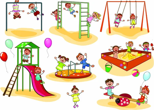 幸せな子供たちは遊び場で遊ぶ 楽しい小さな子供たち 幸せな笑顔の子供たちのグループ — ストックベクタ