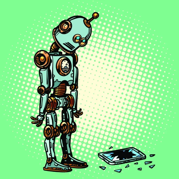 Робот Сломанный Экран Телефона Винтажный Китч Ретро Вектором Поп Арта — стоковый вектор