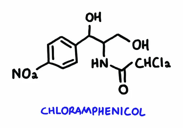 Frihandsillustration Den Kemiska Strukturen Hos Kloramfenikol — Stock vektor