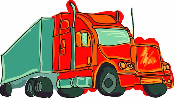 Gezeichnet Farbigen Roten Lkw Auf Weiß Vektorillustration — Stockvektor