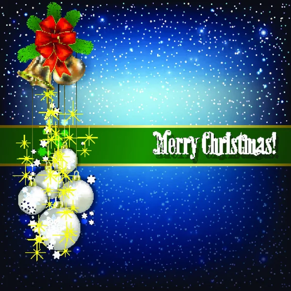 Weihnachtsgruß Mit Glocken Und Schneeflocken Auf Blauem Hintergrund — Stockvektor