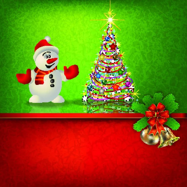 Abstract Grunge Rood Groene Achtergrond Met Sneeuwpop Kerstboom — Stockvector