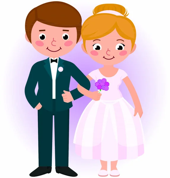 Illustration Vectorielle Dessin Animé Couple Heureux Jeunes Mariés Mariée Marié — Image vectorielle