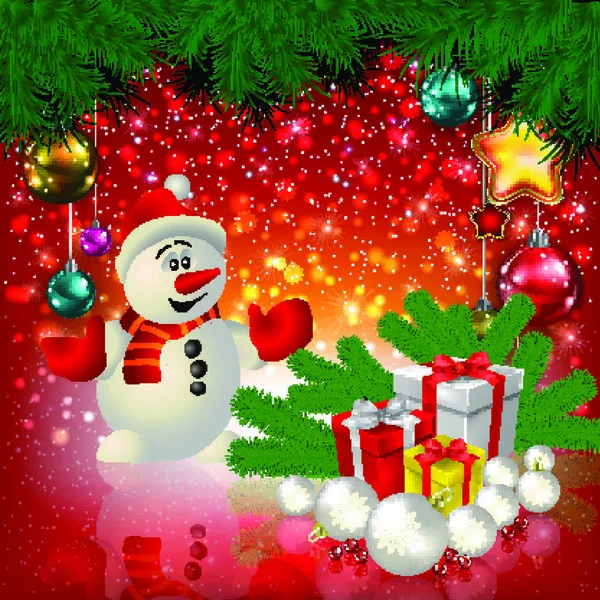 用雪人和礼物表达圣诞的红色问候 — 图库矢量图片