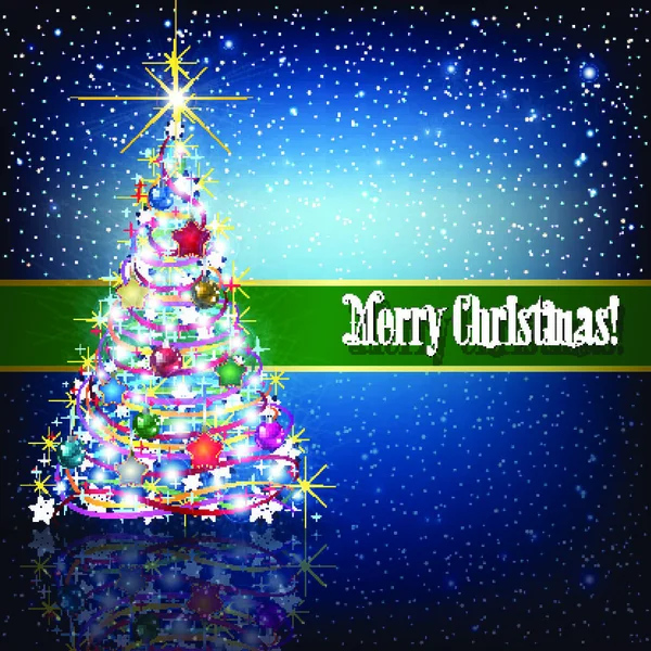 Saudação Celebração Com Árvore Natal Iluminada Flocos Neve Azul —  Vetores de Stock