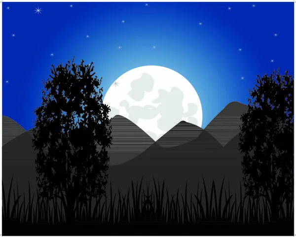 Hermoso Paisaje Nocturno Con Montaña Luna — Vector de stock