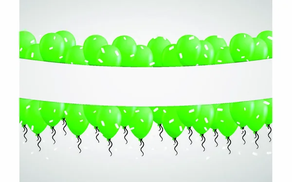 Zelené Balónky Centru Padající Bílé Konfety Šedé Pozadí — Stockový vektor