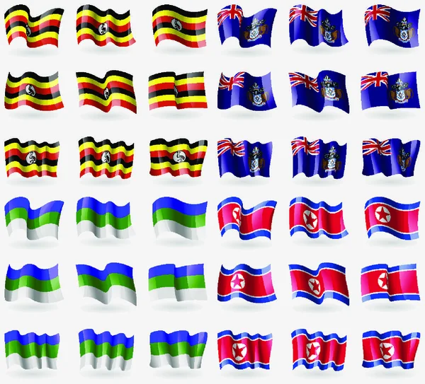 Uganda Tristan Cunha Komi Corea Del Norte Conjunto Banderas Los — Vector de stock