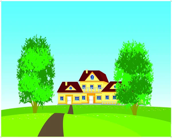 Vector Illustration Rural Terrain Houses Nature — Stock Vector