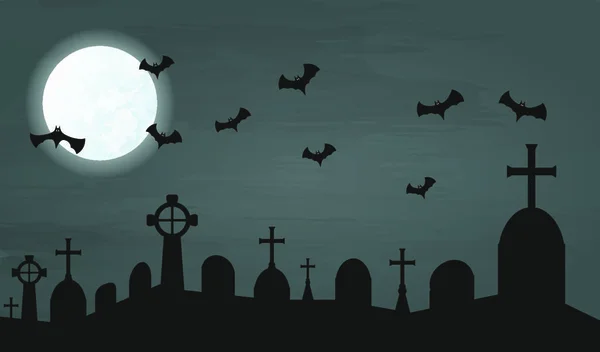 Cimetière Dans Nuit Avec Chauves Souris Lune Vecteur — Image vectorielle