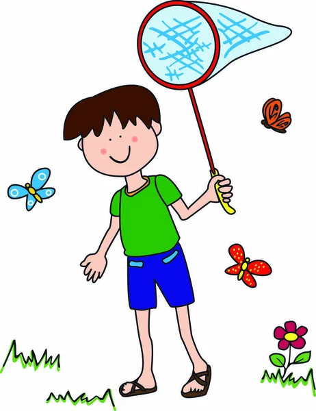 Malý Chlapec Honí Motýly Během Letních Prázdnin — Stockový vektor