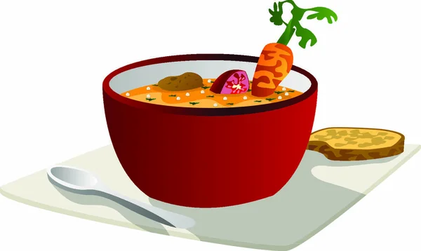 Горячий Овощной Суп Ложкой Ломтиком Хлеба Тарелке — стоковый вектор