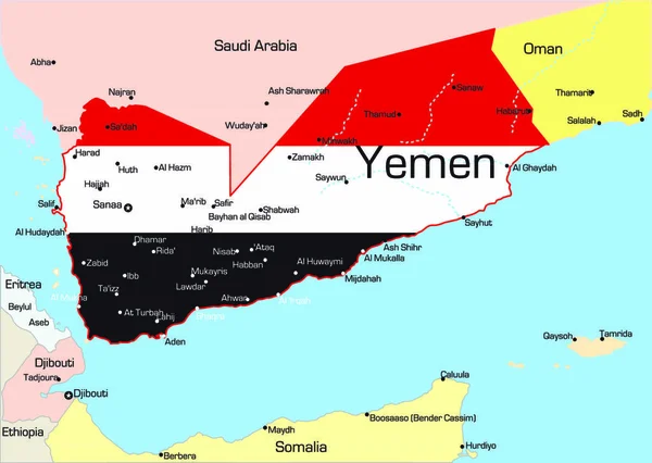 Abstraktní Vektorová Barevná Mapa Jemenu Zbarvená Národní Vlajkou — Stockový vektor