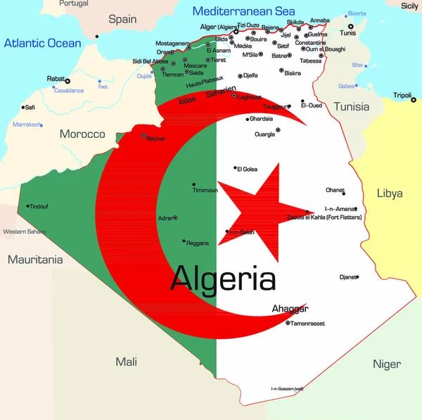 Abstraktní Vektorová Barevná Mapa Země Alžírska Zbarvená Národní Vlajkou — Stockový vektor