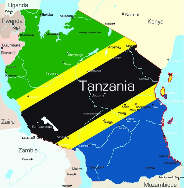 Streszczenie Wektor Kolor Mapa Tanzanii Kraj Kolorowy Flaga Narodowa — Wektor stockowy