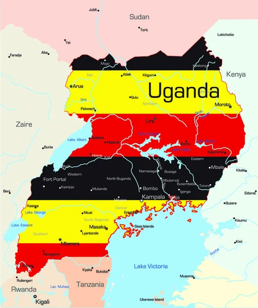 Abstrakcyjna Wektorowa Mapa Kraju Ugandy Kolorowa Flagą Narodową — Wektor stockowy