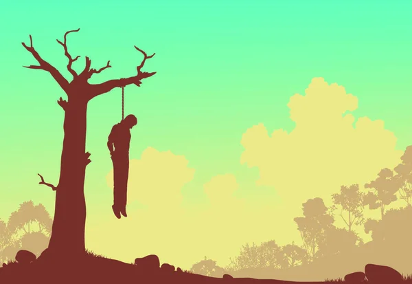 一个人挂在一棵枯树上的可编辑的矢量轮廓 — 图库矢量图片