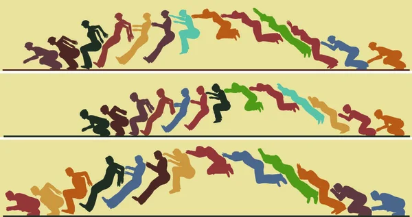 跳跃男子 妇女和儿童的可编辑矢量轮廓序列 — 图库矢量图片