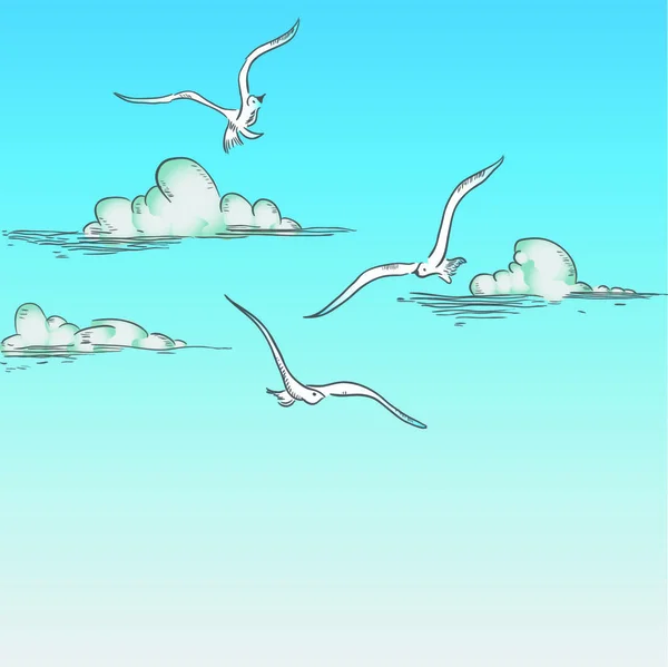 Möwen Fliegen Den Wolken Vektorillustration Farbe — Stockvektor