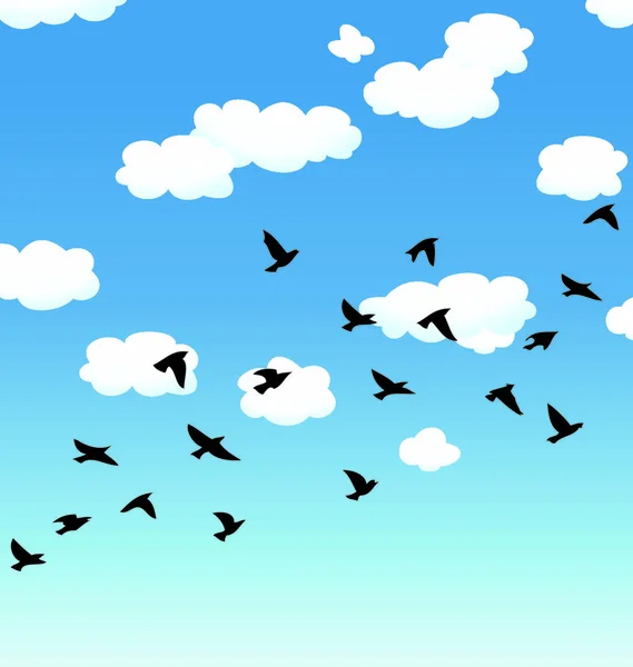 Vector Bandada Aves Voladoras Nubes Cielo — Vector de stock