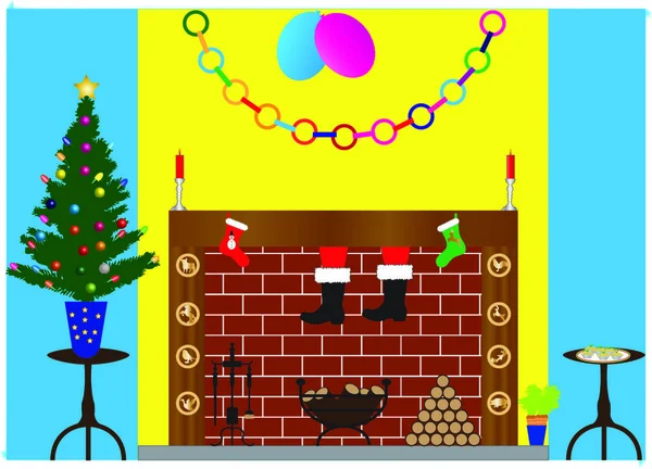 Santa Claus Bajando Por Chimenea Con Árbol Navidad Decoraciones Fuego — Vector de stock