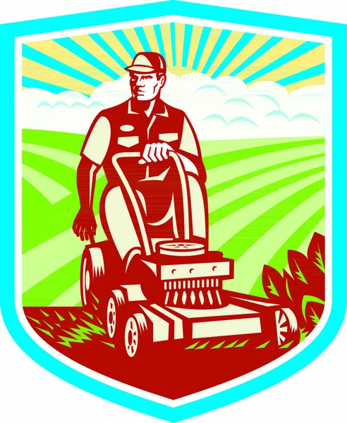 Ilustração Jardineiro Montando Vintage Ride Cortador Grama Definido Dentro Escudo —  Vetores de Stock