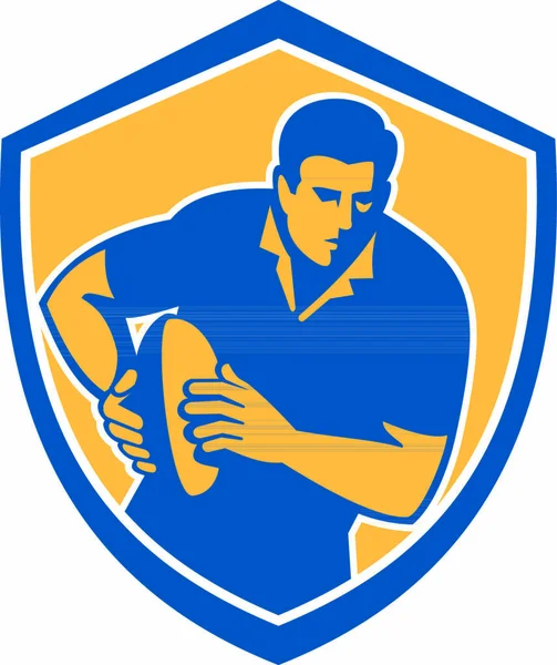 Ilustración Jugador Rugby Con Bola Corriendo Conjunto Dentro Escudo Cresta — Archivo Imágenes Vectoriales