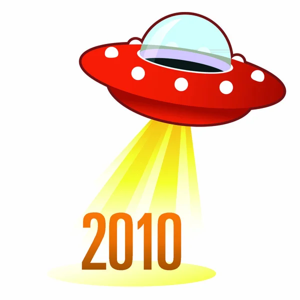 2010 Kalenderjahr Symbol Auf Retro Fliegende Untertasse Ufo Mit Lichtstrahl — Stockvektor