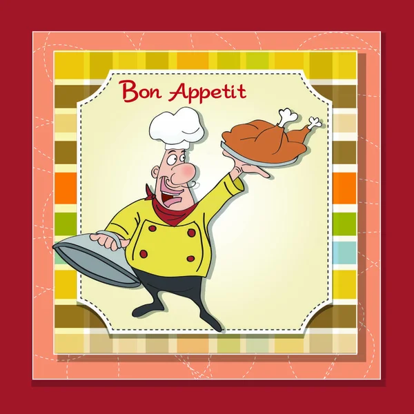 Grappige Cartoon Chef Met Dienblad Van Voedsel Hand Vector Illustratie — Stockvector