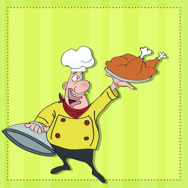 Grappige Cartoon Chef Met Dienblad Van Voedsel Hand Vector Illustratie — Stockvector