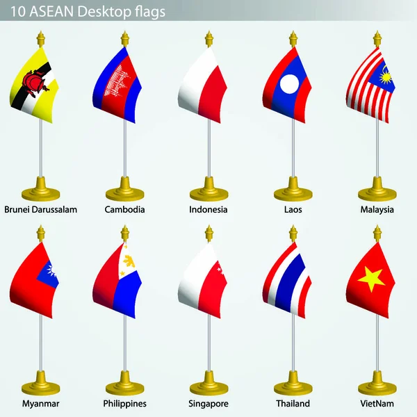 Asean Banderas Mesa Banderas Colección Asean Set — Vector de stock