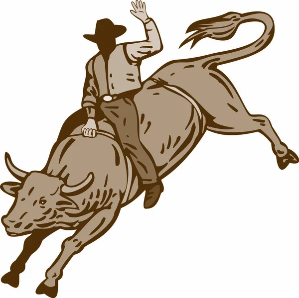 Illustratie Van Rodeo Cowboy Rijden Bucking Bull Geïsoleerde Witte Achtergrond — Stockvector